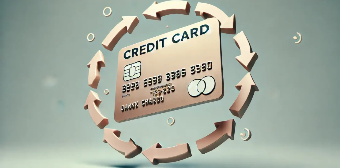 Prikaz kreditne kartice u središtu, okružene kružnim strelicama koje simbolizuju fleksibilnost i mogućnost ponovnog korištenja revolving kredita. Pozadina je jednostavna i svijetla, fokusirajući pažnju na karticu.